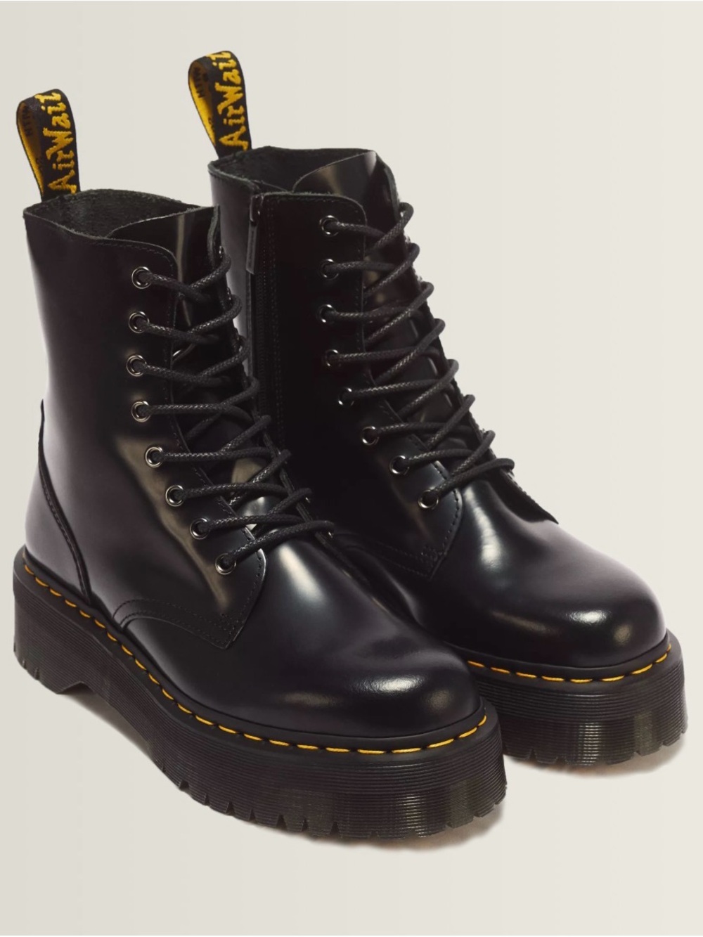 Dr. Martens Black Platform Leather Lace-Up Combat Boots with Yellow Stitching